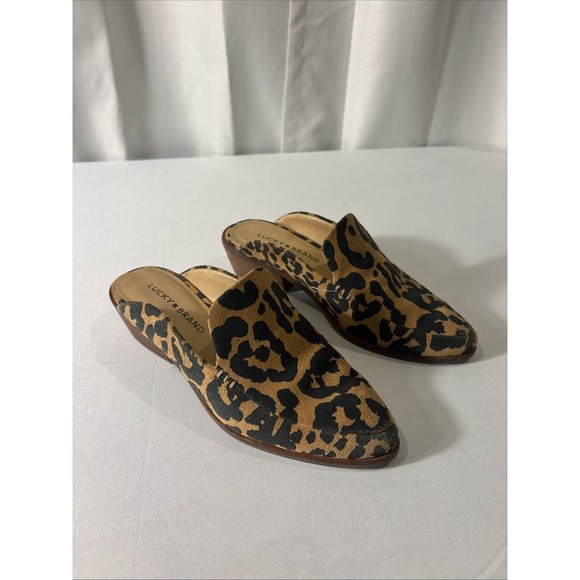 LUCKY BRAND Margrete Cheetah Print Suede Leather Mules Clogs 6M - Picture 2 of 8